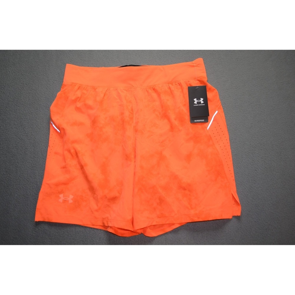 Under Armour Speedpocket Shorts Mens L  7" Launch Elite Print 1378869 Orange $55